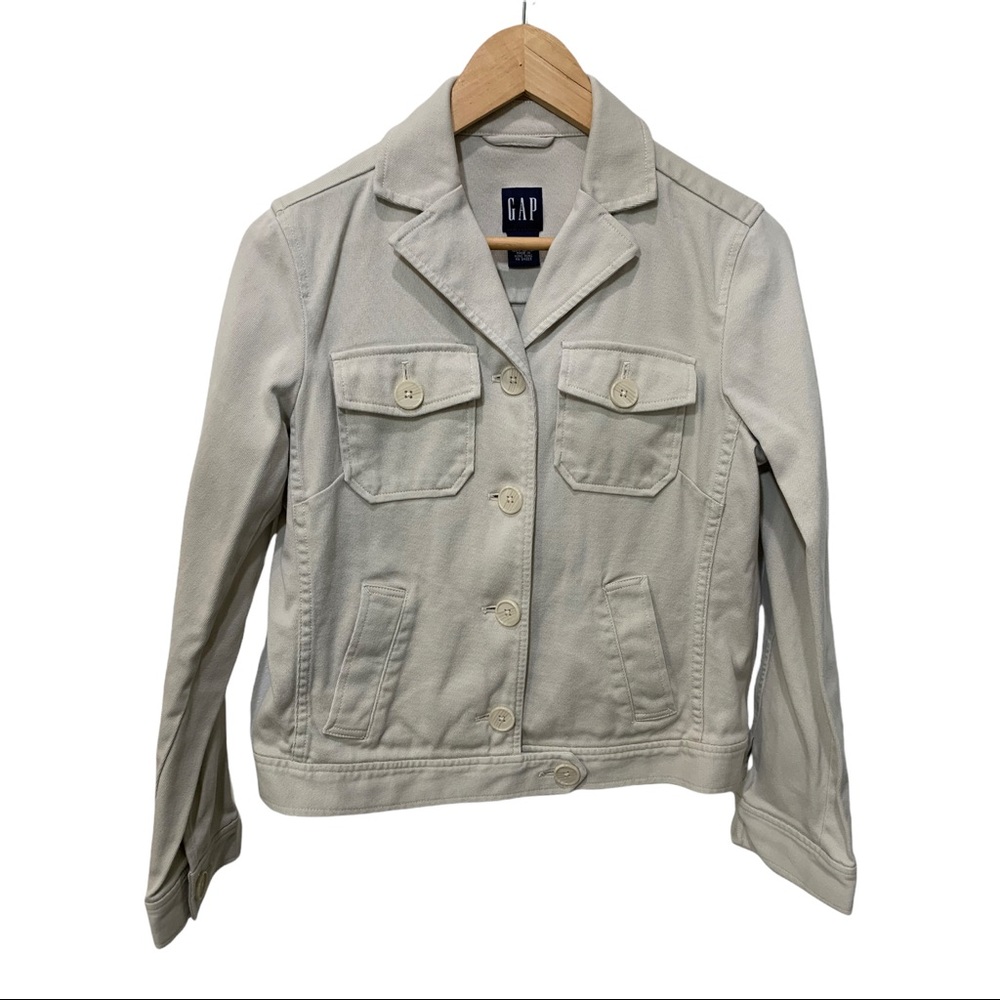 GAP LIGHT BEIGE COTTON CROPPED BUTTON DOWN LONG SLEEVE MOTO JACKET SIZE SMALL